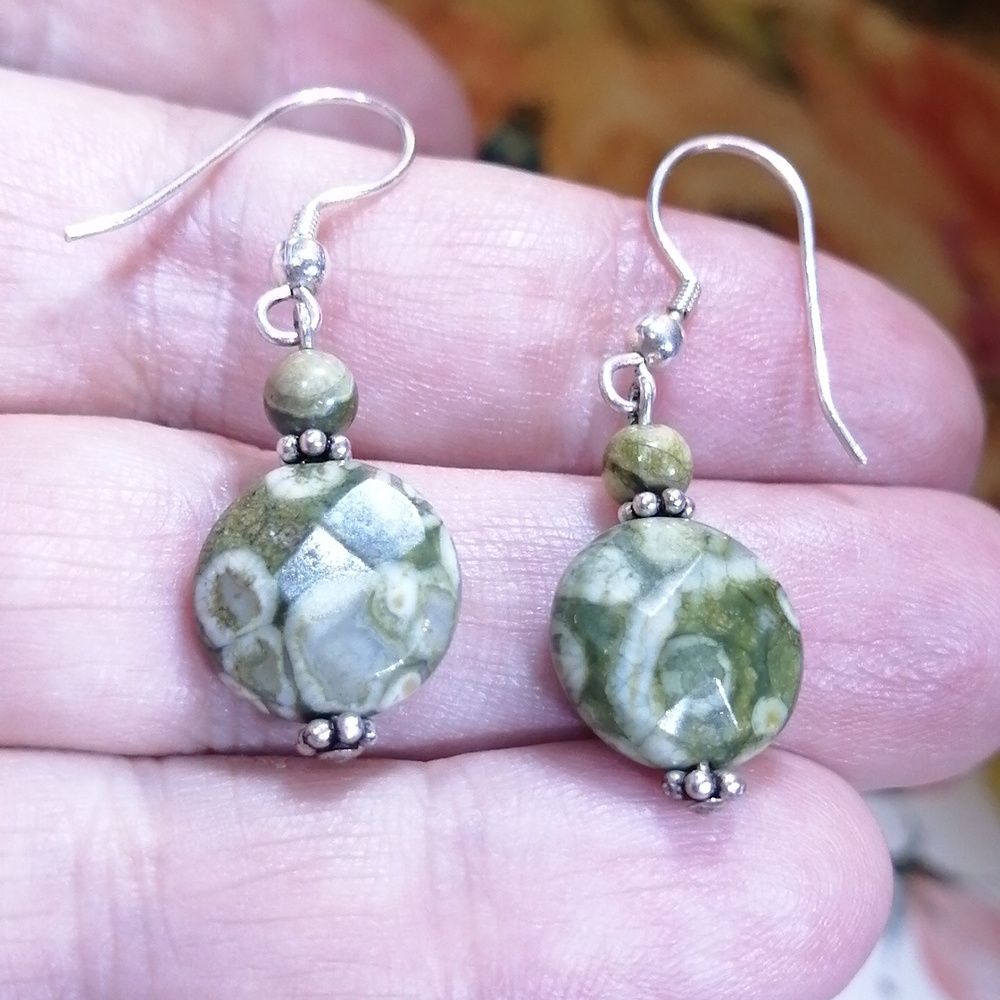 Gorgeous Green Rhyolite Silver Earrings Symbolizes Renewal, Growth